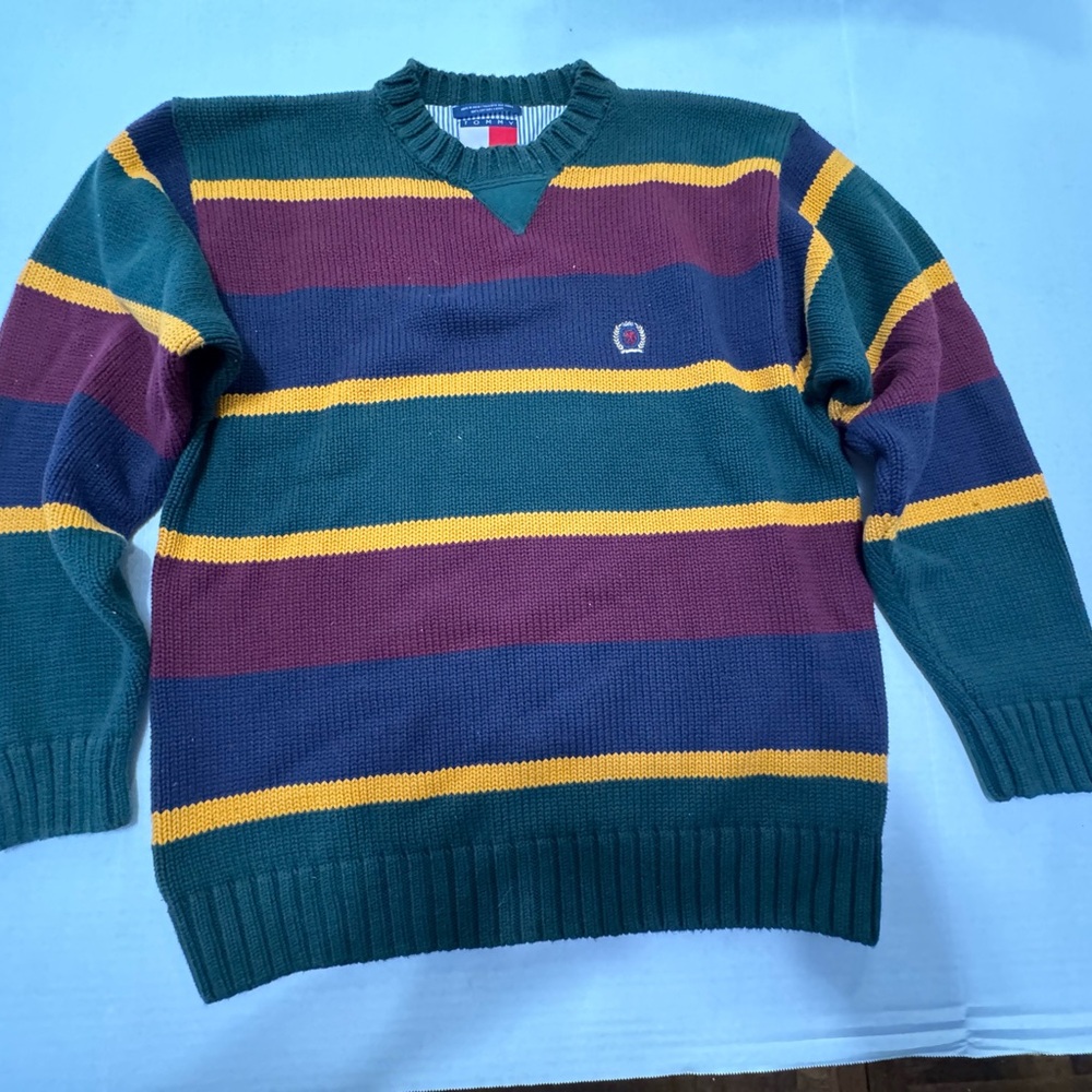 Vintage 1990s Tommy Hilfiger Sweater Mens Large Block Crest Logo Knit Pullover